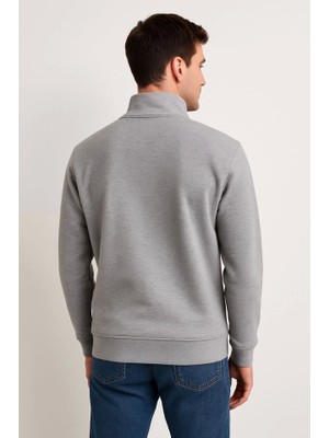 Modi Green Şardonlu Erkek Sıcak Tutan Gri Dik Yaka Dik Yaka Yarım Fermuarlı 3 Iplik Pamuk Kumaş Sweatshirt