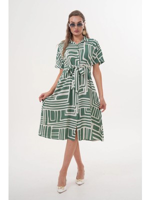 Navy Midi Boy Düğmeli Kuşaklı Kısa Kollu Gömlek Yaka Elbise