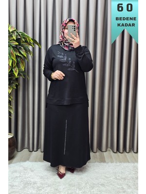 Elmas Tesettür Kadın Giyim Büyük Beden Yaprak Taşlı Kristal Kumaş Etekli Takım