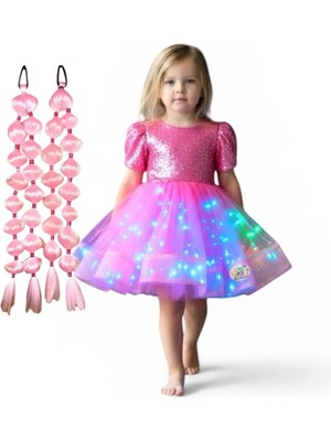 Payetli Pembe Işıklı Elbise Kostüm + Pembe Bubble Saç Seti Kuromi Prenses Düğün Parti Bayram