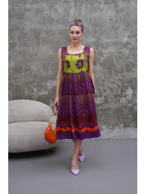 Navy Midi Boy Kare Yaka Havai Desen Kolsuz Viskon Ellbise