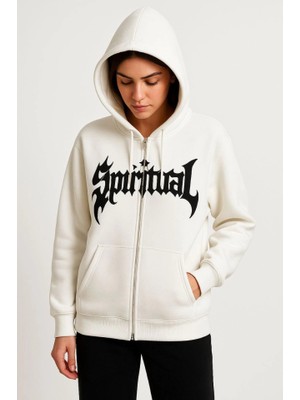 Modi Green Şardonlu Kadın Beyaz Oversize Hoodie 3 Iplik Pamuklu Kumaş, Önü Baskılı, Fermuarlı Rahat Kalıp, Kışlık ve Sokak Stili Sweat Kapüşonlu Sweatshirt