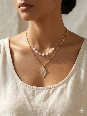 Olen Mineli Yaprak Figürlü Doğal Taşlı Ikili Kombin Kolye  - Yüksek Mikron Kaplama