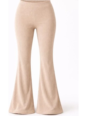 Modi Green Kadın Bej Fitilli Kaşkorse Ispanyol Paça Tayt Yüksek Bel Esnek Günlük Rahat Pantolon