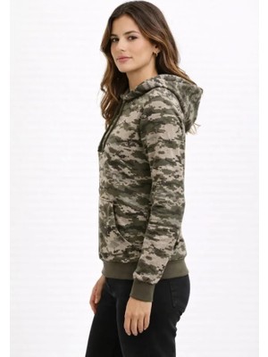 Modi Green Desenli Kadın Sokak Stili Kamuflaj Kamuflaj 2 Iplik 4 Mevsim Kapüşonlu Kanguru Cepli Hoodie Sweatshirt