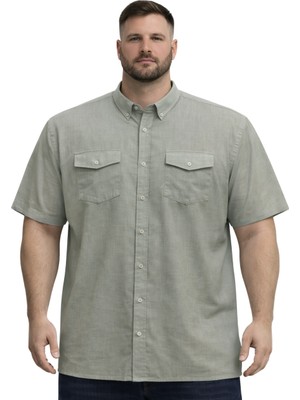 Battal Moda Battalmoda Erkek Büyük Beden Haki Çift Cepli Kısa Kollu Gömlek 3xl-4xl-5xl-6xl-7xl-8xl