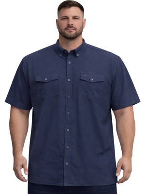 Battal Moda Büyük Beden Erkek Çift Cepli Kısa Kollu Gömlek %100 Pamuk Lacivert 3XL-8XL