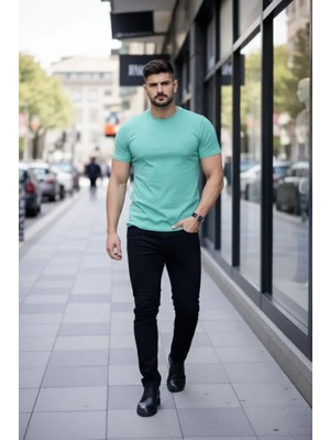 Modi Green Erkek Turkuvaz Bisiklet Yaka Slim Fit Dar Kesim Likralı Günlük Basic Body Tişört
