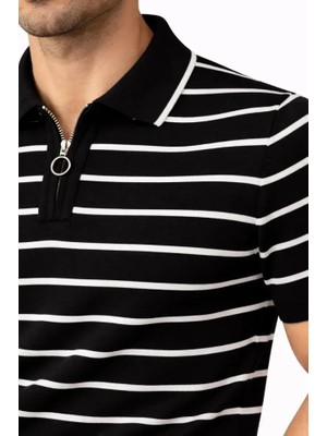 Modi Green Erkek Günlük Stil Siyah Triko Polo Yaka Fermuarlı Çizgili Yazlık Şık Tişört