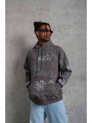 Modi Green Baskılı Erkek Sokak Stili Gri Kapüşonlu Ribanalı Sweat