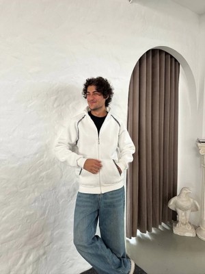 Modi Green Erkek Salaş Stil Beyaz Oversize Dik Yaka Fermuarlı - Zincir Nakışli Kanguru Cepli Sweatshirt