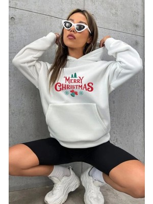 Modi Green Hodie Sweatshirt Kadın Günlük Stil Beyaz Merry Chrıstmas