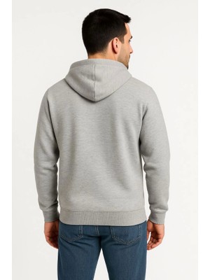 Modi Green Erkek Sokak Stili Gri Üç Iplik Kapüşonlu Tam Fermuarlı Kanguru Çepli Hoodie Sweatshirt