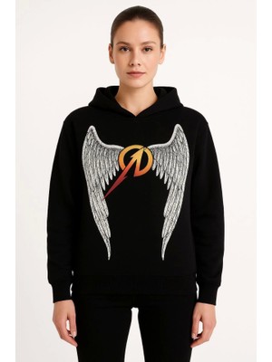 Modi Green Arka Baskılı Kadın Sokak Stili Siyah Metallica Iki Iplik Kapüşonlu Ön ve Hoodie