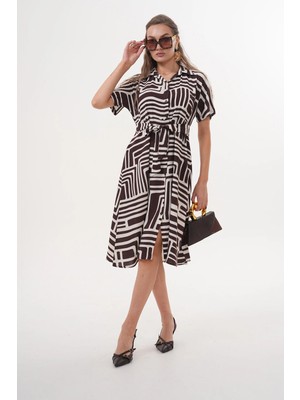 Navy Midi Boy Düğmeli Kuşaklı Kısa Kollu Gömlek Yaka Elbise