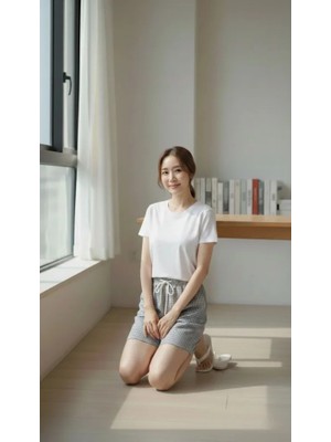 Modi Green Kadın Füme Pötikareli – Beli Lastikli Bağcıklı, Cepli, Rahat Kesim Günlük Yazlık Şort