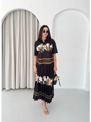 Asprin Fashion Plise Etekli Baskılı Bayan Gömlek Etek Takım