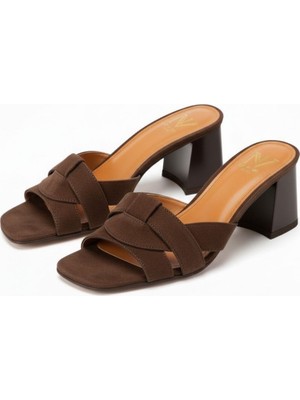 Ne&Ve Shoes Kahve Süet Çapraz Bantlı Kadın Topuklu Terlik
