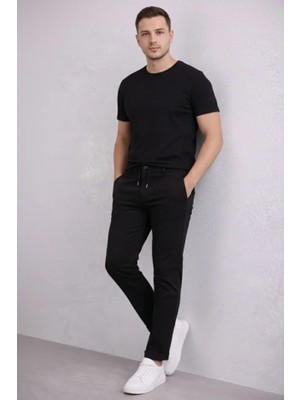 Modi Green Erkek Rahat Kullanım Siyah Diagonel Mikro Dokulu Duble Paça Cepli Bağcıklı Bel, Modern Kesim Pantolon