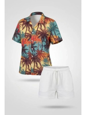 Modi Green Desenli Kadın Rahat Kullanım Tropikal Palmiye Kısa Kol Gömlek Yazlık Rahat Kalıp Şort Takım