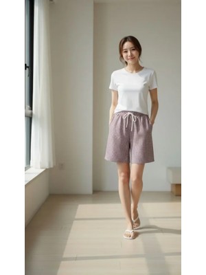 Modi Green Kadın Gül Kurusu Pötikareli – Beli Lastikli Bağcıklı, Cepli, Rahat Kesim Günlük Yazlık Şort