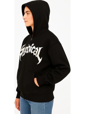 Modi Green Şardonlu Kadın Siyah Oversize Hoodie 3 Iplik Pamuklu Kumaş, Önü Baskılı, Fermuarlı Rahat Kalıp, Kışlık ve Sokak Stili Sweat Kapüşonlu Sweatshirt