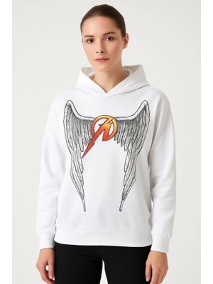 Modi Green Arka Baskılı Kadın Sokak Stili Beyaz Metallica Iki Iplik Kapüşonlu Ön ve Hoodie