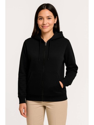 Modi Green Kadın Sokak Stili Siyah Üç Iplik Kapüşonlu Tam Fermuarlı Kanguru Çepli Hoodie Sweatshirt