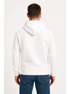 Modi Green Erkek Sokak Stili Beyaz Üç Iplik Kapüşonlu Kanguru Cepli Hoodie Sweatshirt