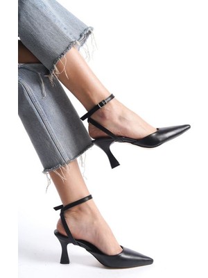 Gökhan Talay Amy Siyah Cilt Orta Topuklu (6 Cm) Arkası Açık Klasik Topuklu Ayakkabı