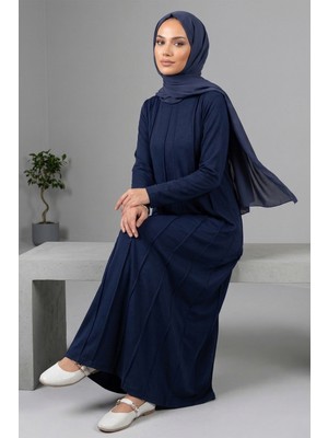 Lale Butik Penye Nervür Detaylı Elbise 13286 Lacivert