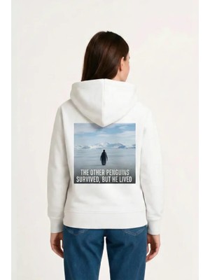 Modi Green Sırt Baskılı Kadın Salaş Stil Beyaz Oversize Hoodie - Survivor Penguin Temalı, Felsefi Yazılı Kapüşonlu Sweatshirt