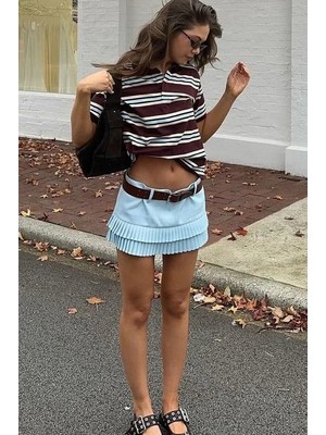 Madmext Mavi Düşük Bel Pile Katlı Mini Etek MG2724