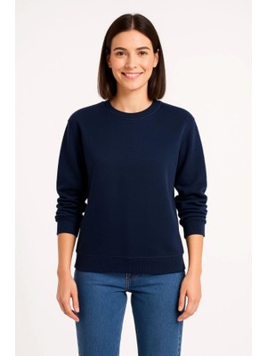 Modi Green Kadın Günlük Stil Lacivert Üç Iplik Düz Bisiklet Yaka Sweatshirt