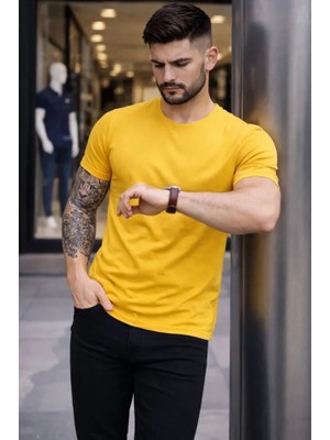 Modi Green Erkek Sarı Bisiklet Yaka Slim Fit Dar Kesim Likralı Günlük Basic Body Tişört