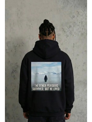 Modi Green Sırt Baskılı Kadın Salaş Stil Siyah Siyah Oversize Hoodie - Survivor Penguin Temalı, Felsefi Yazılı Kapüşonlu Sweatshirt