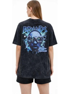Modi Green Baskılı Kadın Günlük Stil Siyah Asit Yıkamalı Future Worlds Bisiklet Yaka Kısa Kollu Streetwear %100 Pamuk Street Style Tişört Oversize Tişört