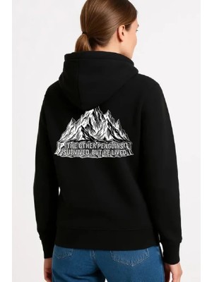 Modi Green Kadın Salaş Stil Siyah Nihilist Penguen Temalı Oversize Kapüşonlu Sweatshirt