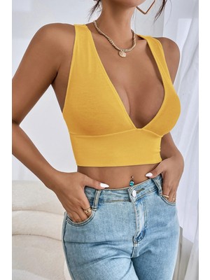 Modi Green Kadın Modern Stil Sarı Çapraz Sırt Detaylı Şık Crop Top Büstiyer