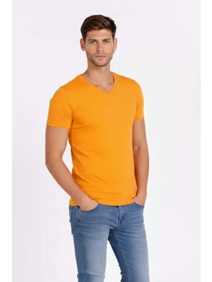 Modi Green Erkek Sarı V Yaka Slim Fit Dar Kesim Likralı Günlük Basic Body Tişört