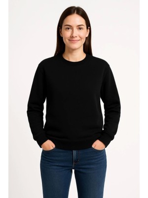 Modi Green Kadın Günlük Stil Siyah Üç Iplik Düz Bisiklet Yaka Sweatshirt