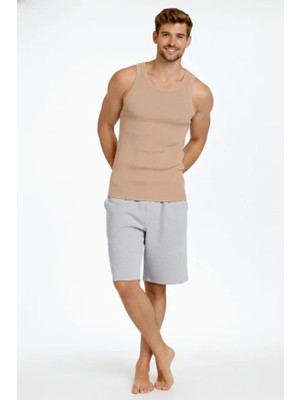 Modi Green Arka Baskılı Erkek Fit Duruş Bej Fitilli Atlet Sıfır Yaka Slim Fit Spor Atlet