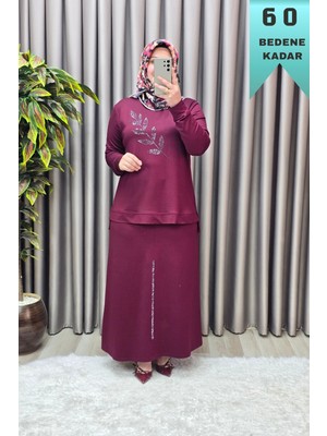 Elmas Tesettür Kadın Giyim Büyük Beden Yaprak Taşlı Kristal Kumaş Etekli Takım