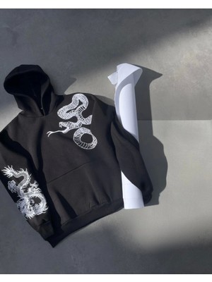 Modi Green Baskılı Kadın Günlük Stil Siyah Uzun Kol Kapüşonlu Sweatshirt