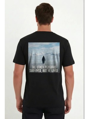 Modi Green Sırt Baskılı Erkek Günlük Stil Siyah - Survivor Penguin Temalı, Felsefi Yazılı Bisiklet Yaka Tişört Oversize Tişört
