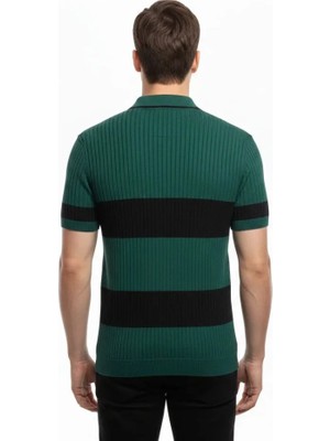 Modi Green Erkek Günlük Stil Çağla Yeşili Çizgili Triko Dokuma Kumaş Polo Yaka Yarım Fermuarlı Regular Kalıp Tişört
