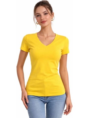 Modi Green Kadın Fit Duruş 3'lü V Yaka – Kısa Kollu Yazlık Slim Fit Body - Toz Pembe, Sarı, Turkuvaz Tişört
