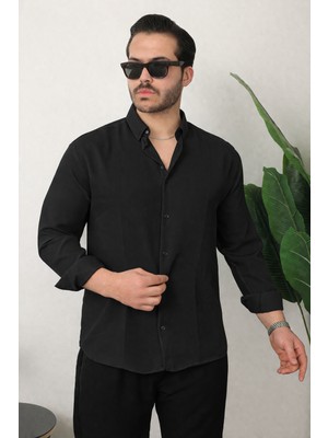Comstar Erkek Trend Dokulu Kısa Kol Basic Siyah Keten Gömlek