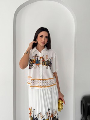 Asprin Fashion Plise Etekli Baskılı Bayan Gömlek Etek Takım