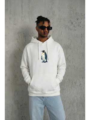 Modi Green Sırt Baskılı Kadın Salaş Stil Beyaz Siyah Oversize Hoodie - Survivor Penguin Temalı, Felsefi Yazılı Kapüşonlu Sweatshirt